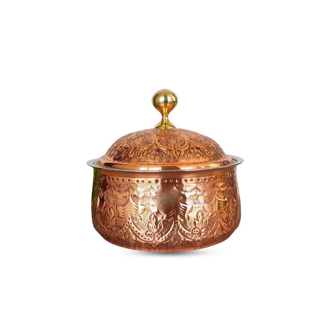 Steel Copper Casserole/Hot Pot With Deep Embossed Design & Brass Knob